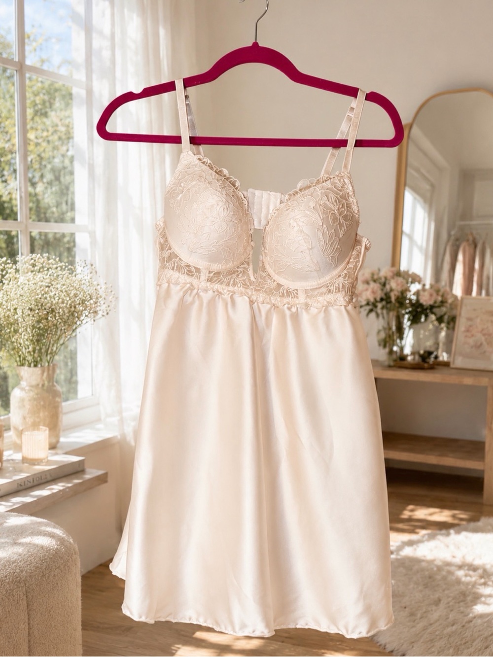 Satin Lace- Marilyn Monroe Lace Soft Pink Push-up Babydoll w/ Adjustable Straps